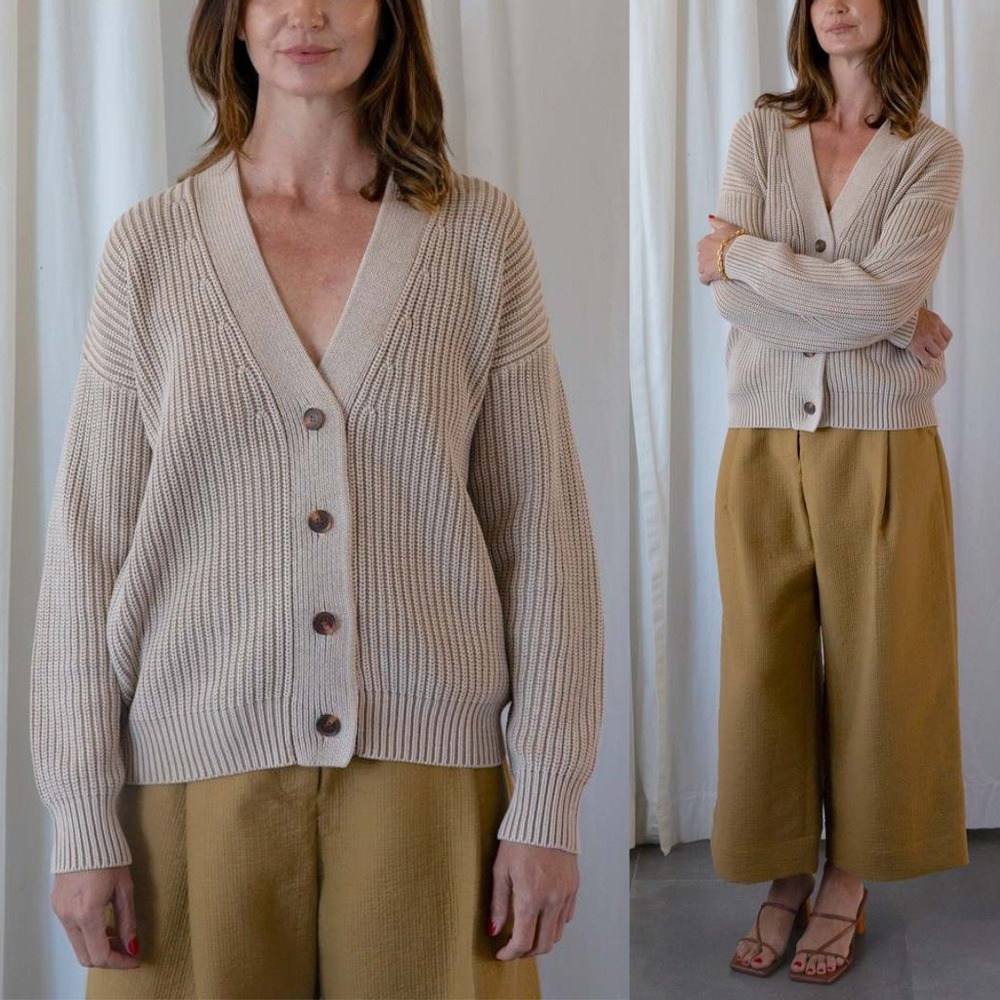 DemyLee New York Cardigan Tan Beige Cotton Rib Knit Brenna Cardigan Sweater M